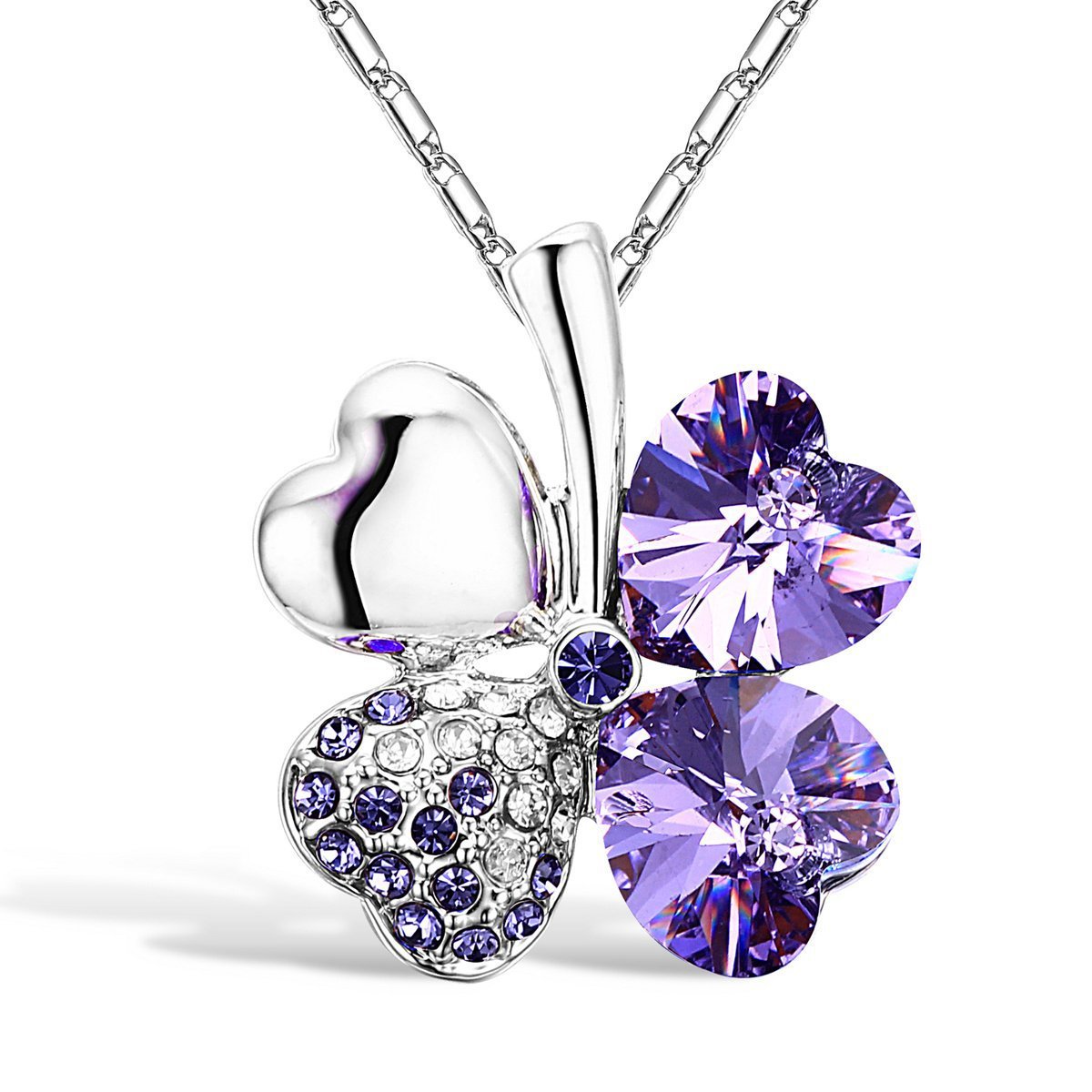 Leaf Clover Heart Shaped Crystal Pendant Necklace