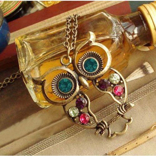 Crystal Owl Pendant Necklace Vintage Gold Long Chain Rhinestone - Antique Gold Plated
