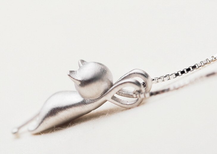 Cat Silver Matte Pendant Necklace - 925 Sterling Silver - Best Gift for Cat Lovers