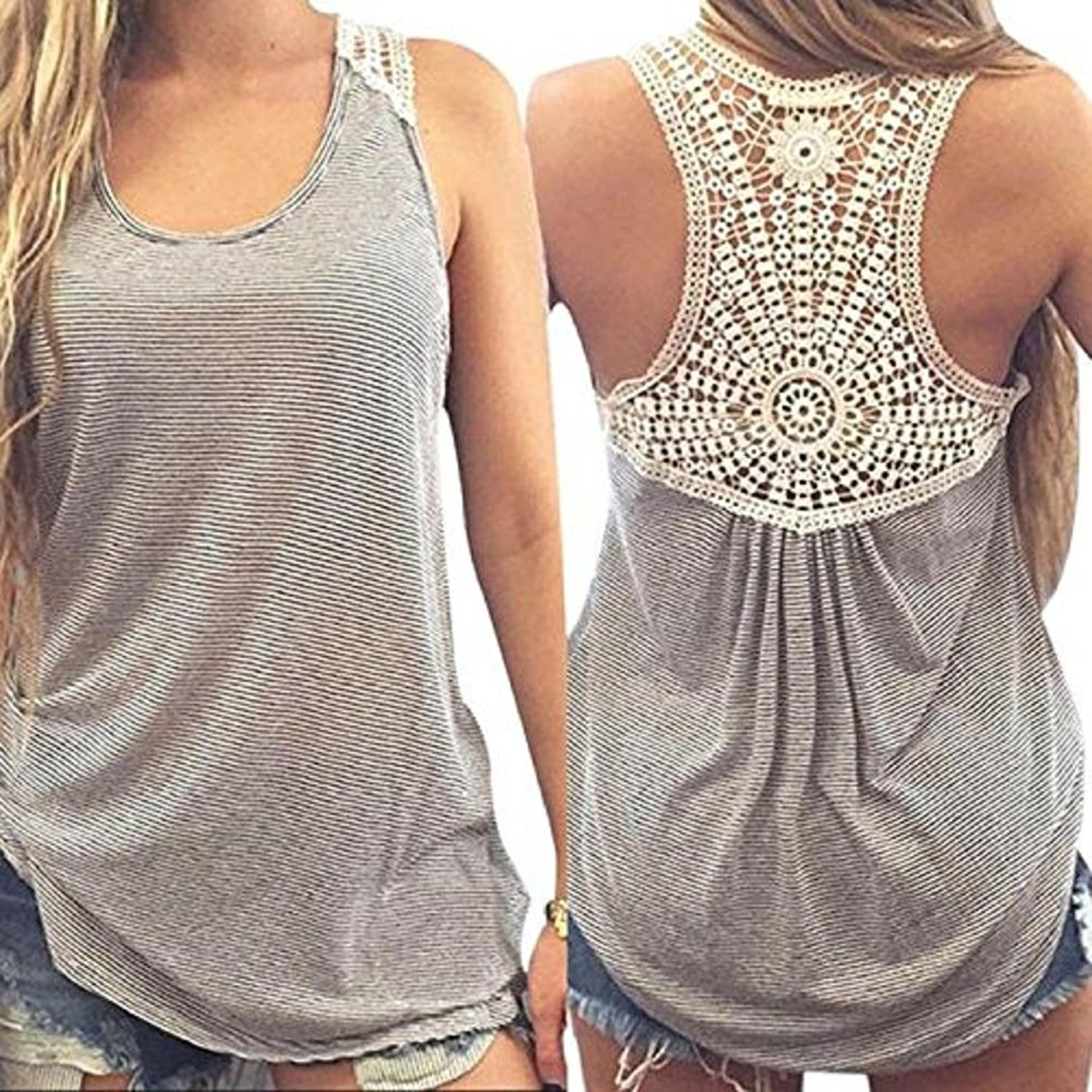 Women Summer Sleeveless Gray & White Striped Tank Top - Crochet Back