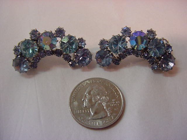 VINTAGE Large KARU ARKE Earrings Shimmering Blue Rhinestones FREE SHIPPING