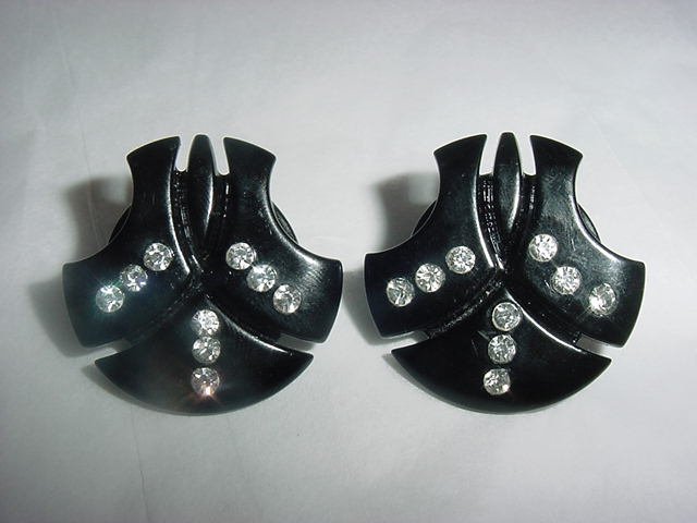 Vintage LUCITE Black Rhinestones Huge Fan Earrings FREE SHIPPING