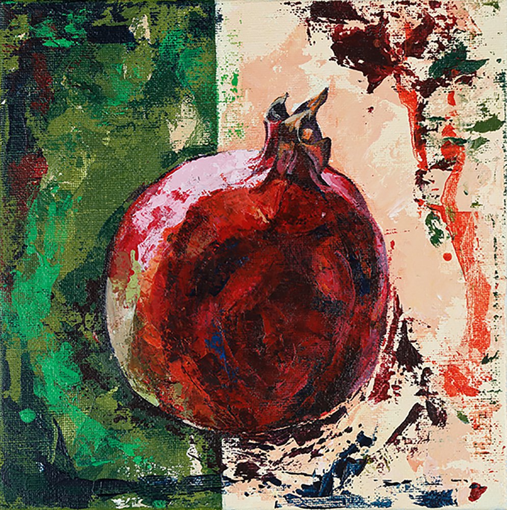 Modern original acrylic painting fresh fruit pomegranate abstract still life-new