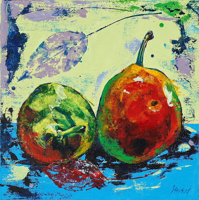 Modern original acrylic painting fresh fruit pear abstract still life-new