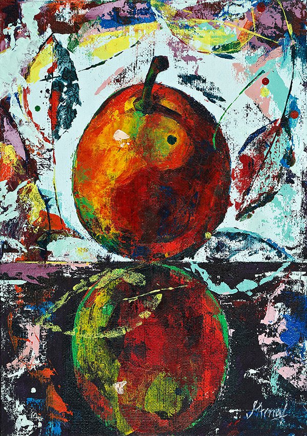 Modern original acrylic painting fresh fruit pear abstract still life-new