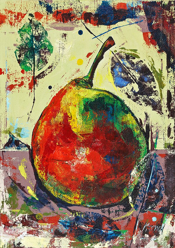 Modern original acrylic painting fresh fruit pear abstract still life-new
