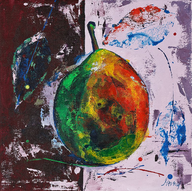 Modern original acrylic painting fresh fruit pear abstract still life-new