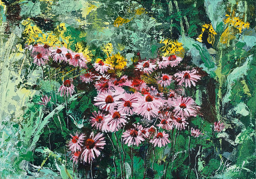 Modern original acrylic painting of flowers health-echinacea