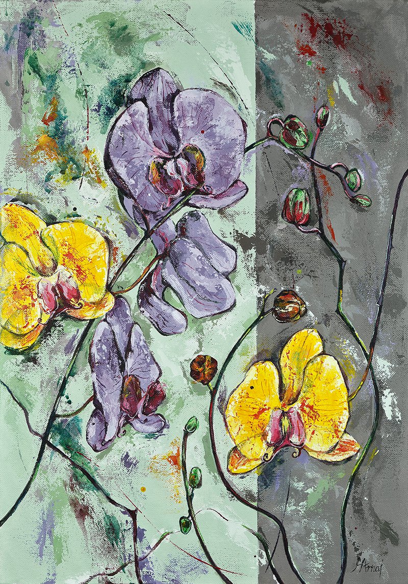 Modern original wall art acrylic painting orchid flowers abstract still life-new