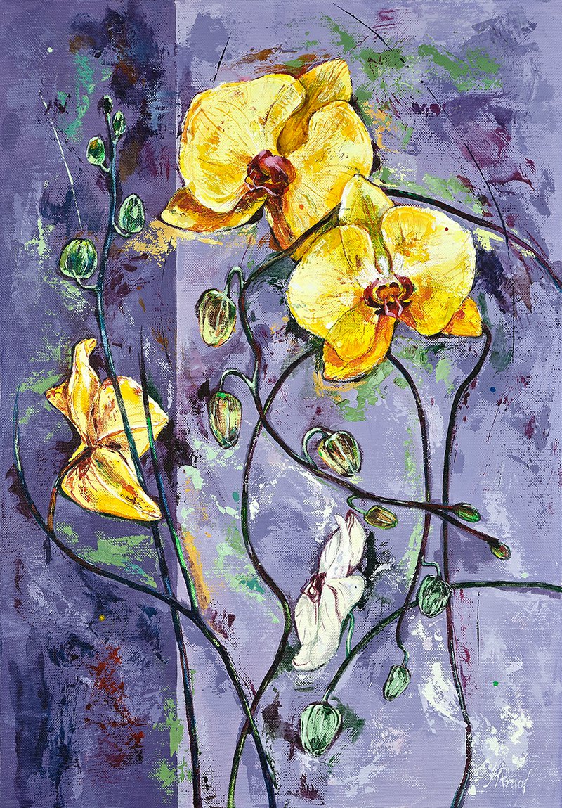 Modern original wall art acrylic painting orchid flowers abstract still life-new