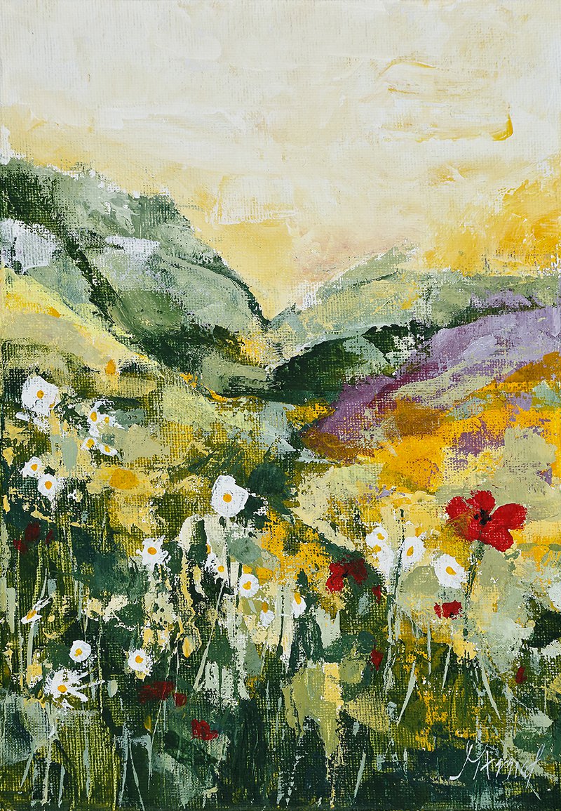 Modern original wall art painting daisies poppies field flowers landscape-new