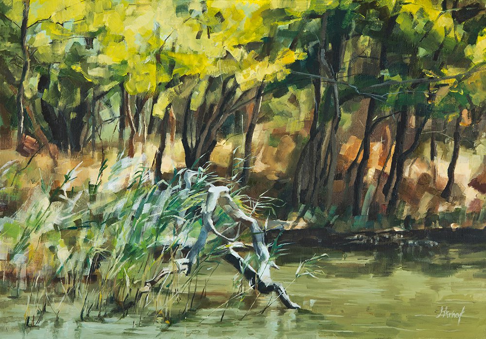 Original oil painting river in summer landscape sun reflection nature water-new