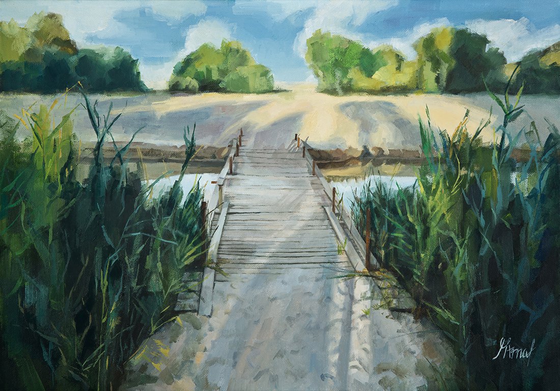 Original oil summer landscape wooden bridge river water reflection sunset beach-new
