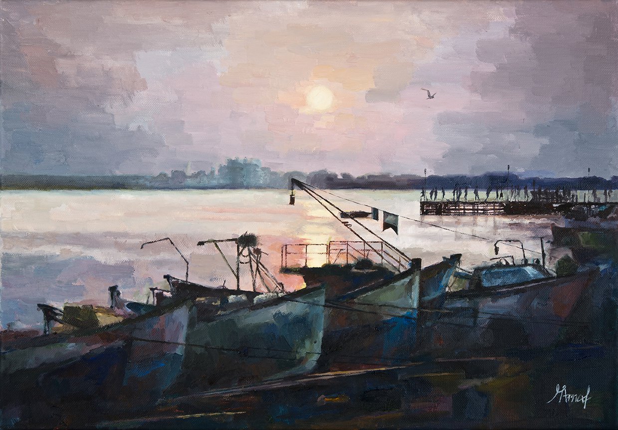 Original oil painting sea sunset boats seascape pier sun reflection realism-new