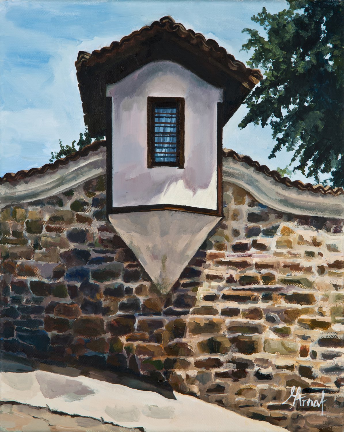 Original oil painting renaissance architecture small window house stone wall