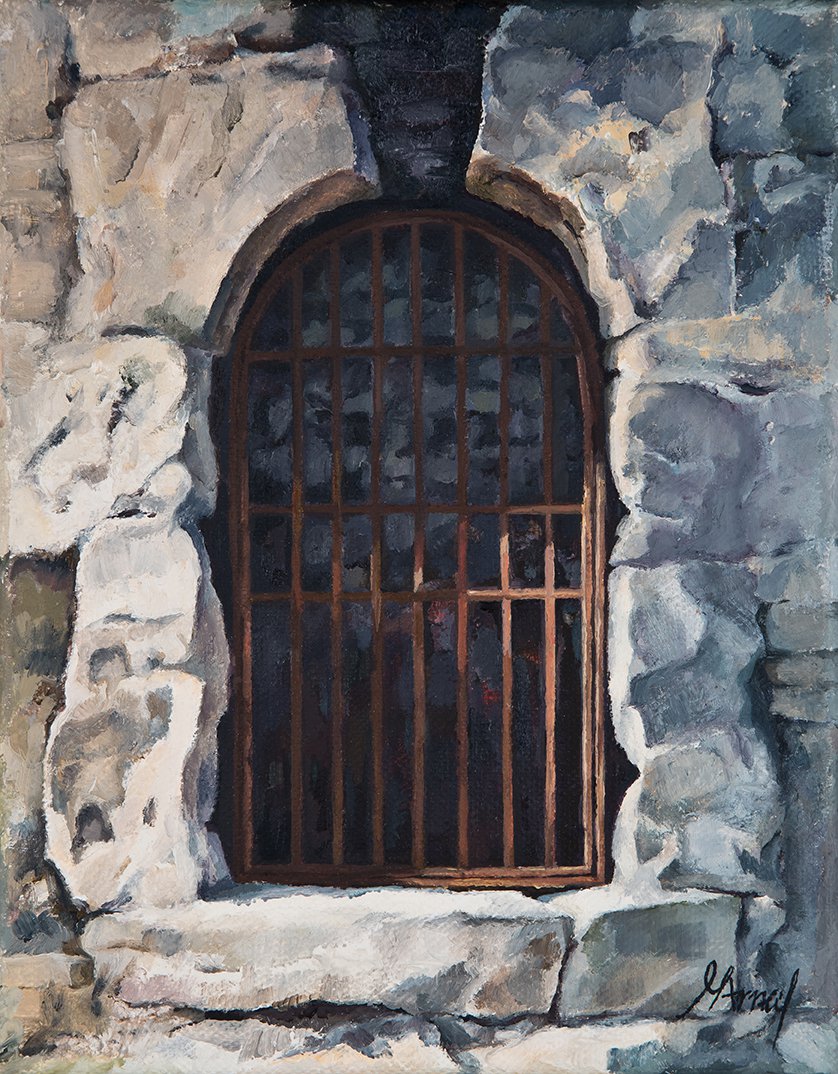 Original oil painting ancient architecture old door arch fragment stone ruins