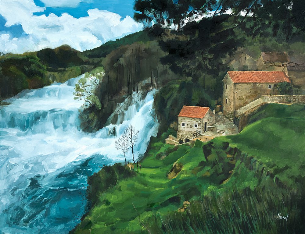 Original oil landscape waterfall spring river water mill waves old house architecture-new