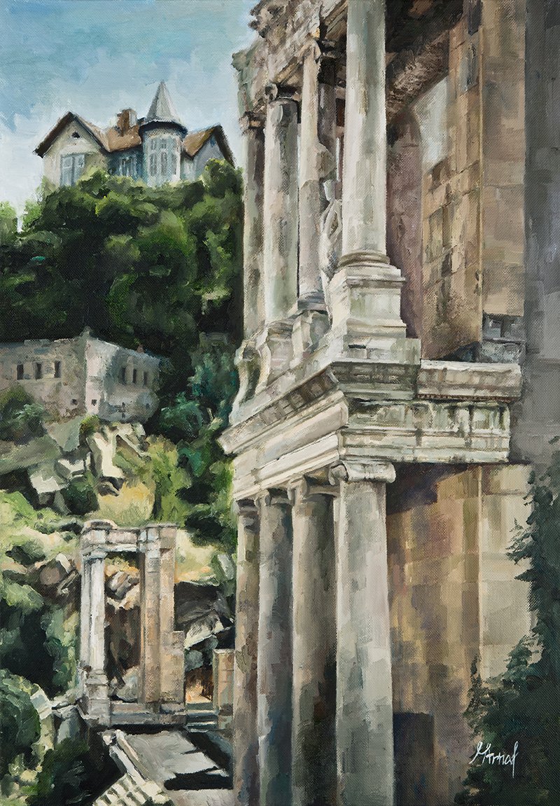 Original oil painting ancient amphitheater old architecture landscape stone ruins-new