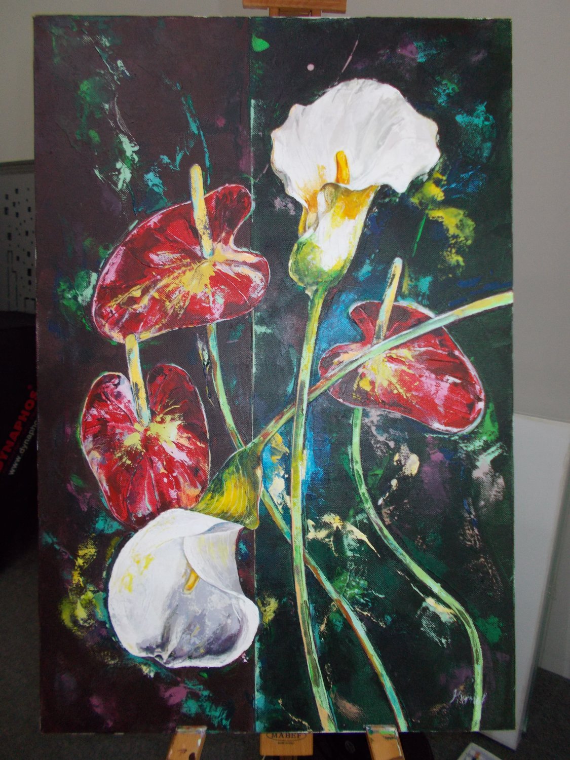 Modern original wall art acrylic painting red and white flowers abstract still life-new