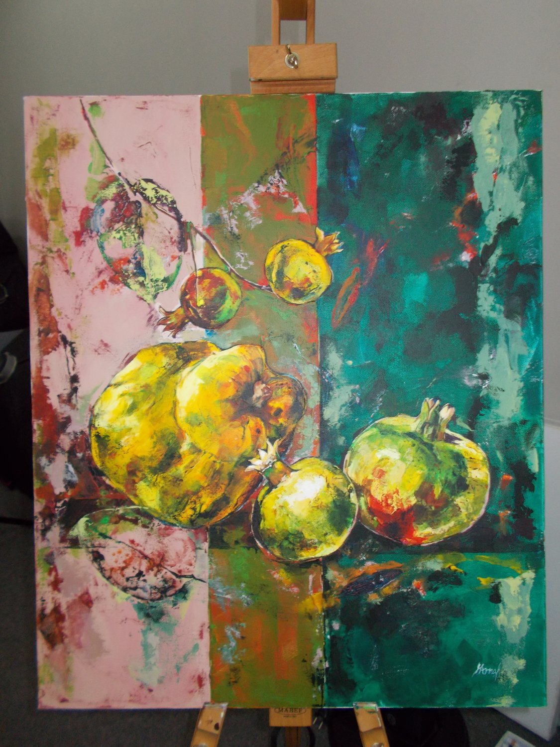 Modern original acrylic painting quince and pomegranate abstract still life