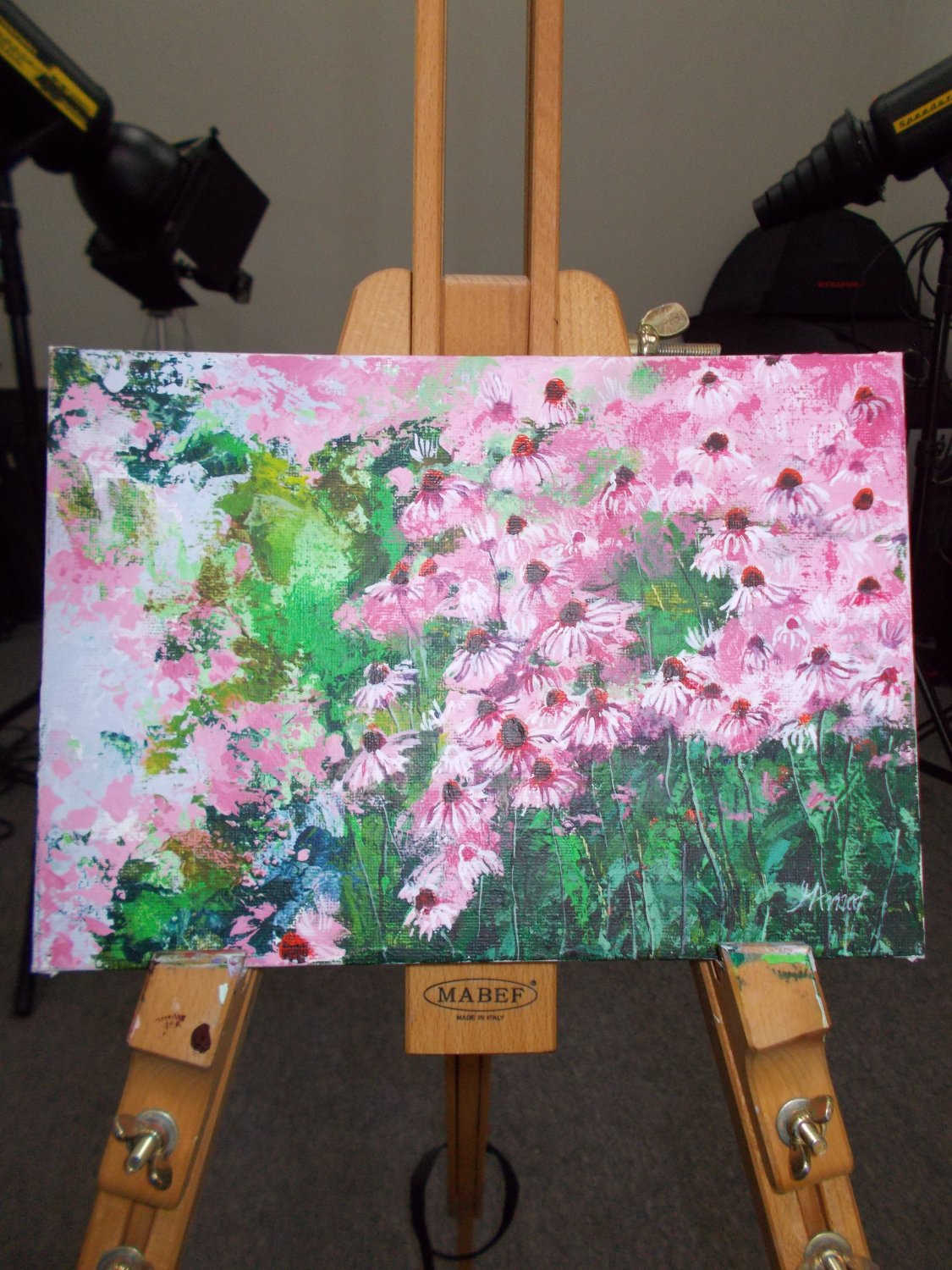Modern original acrylic painting of garden with flowers health-echinacea