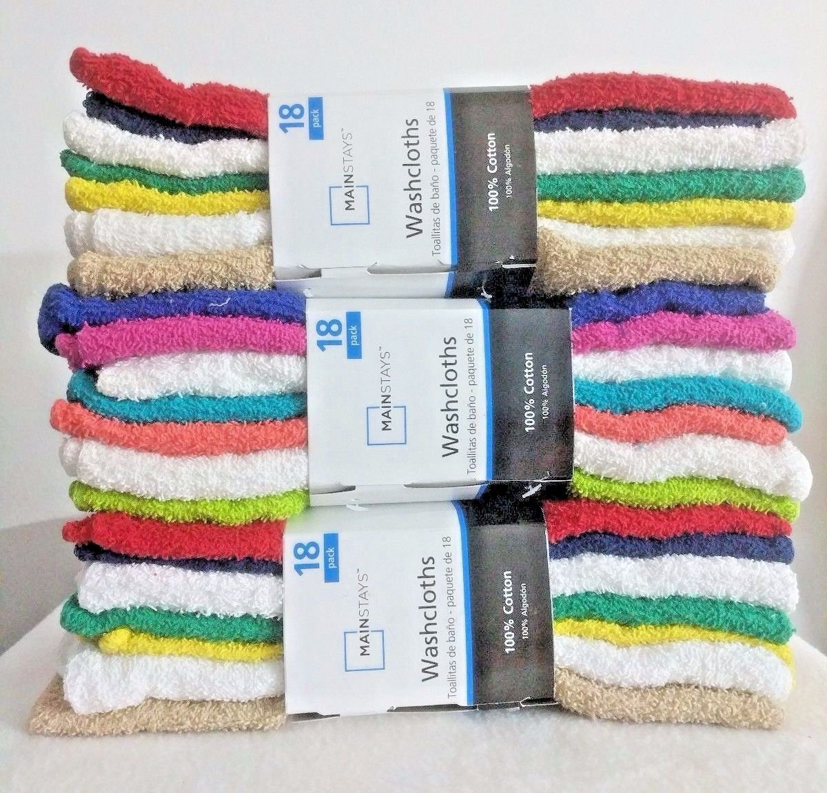 3 PACK Total 54 Pcs Mainstays 100% Cotton Washcloth Collection Assorted Colors