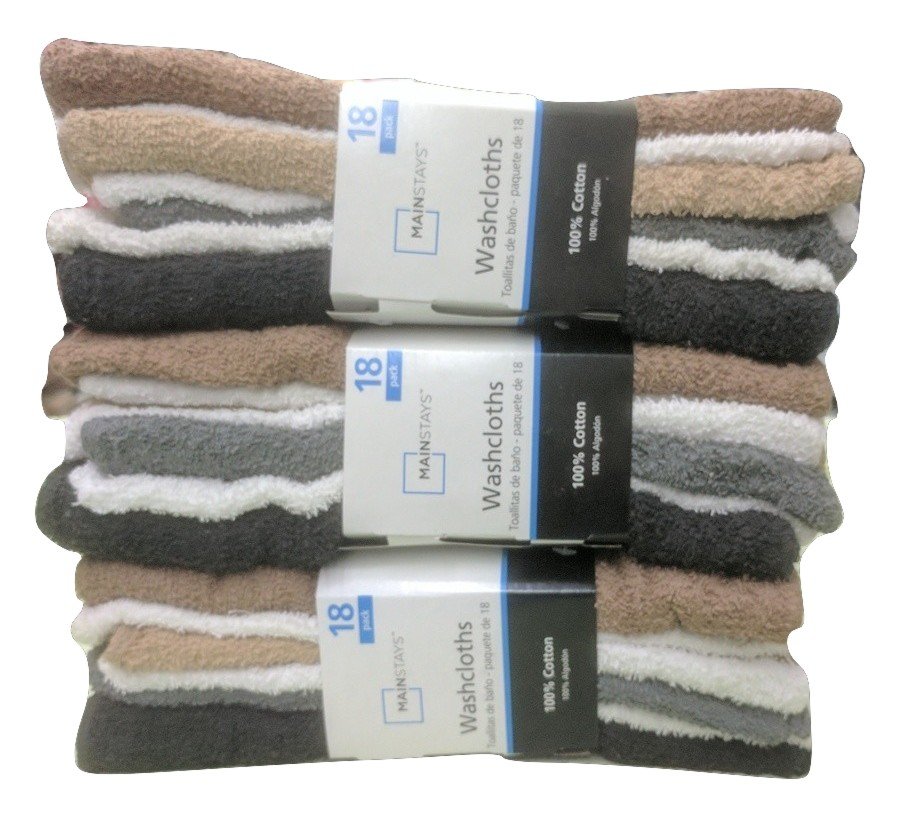 3 PACK Total 54 Pcs Mainstays 100% Cotton Washcloth Collection Assorted Colors