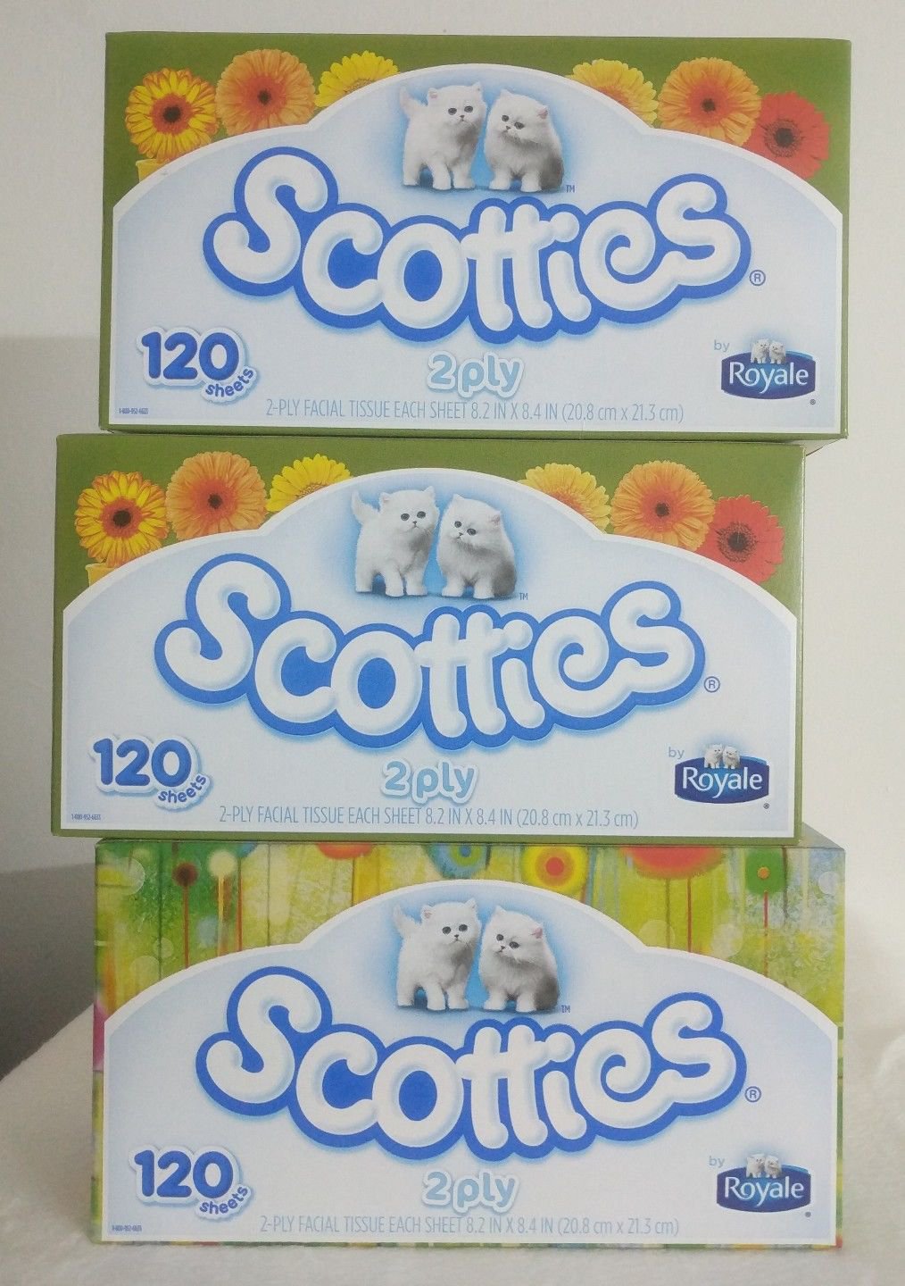 3-Boxes Scotties, Unscented 2 Ply 120-Ct. Facial Tissues, Boxes Designs May Vary