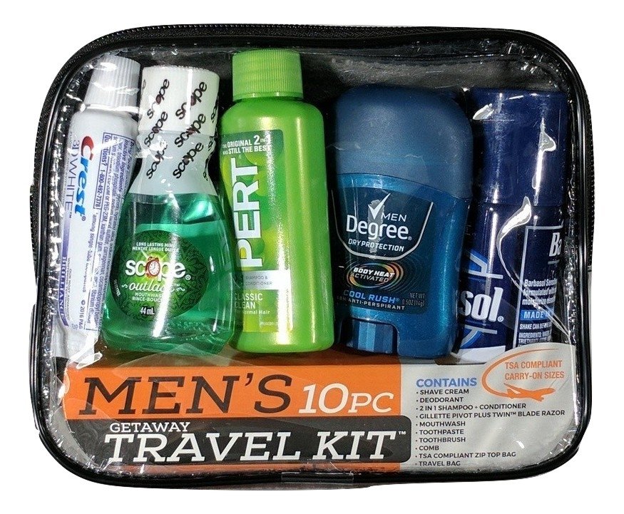 New, Man on the Go Travel Kit, 10 Pieces, Menâs Getaway Easy Carry-on Kit