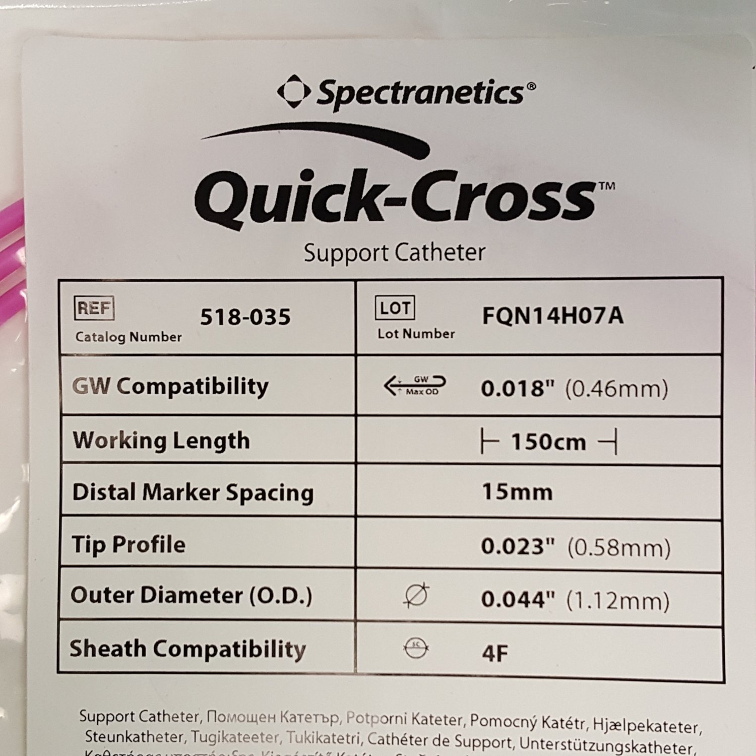 Spectranetics Quick-Cross 518-035 Support Catheter 4F 0.018" x 150cm