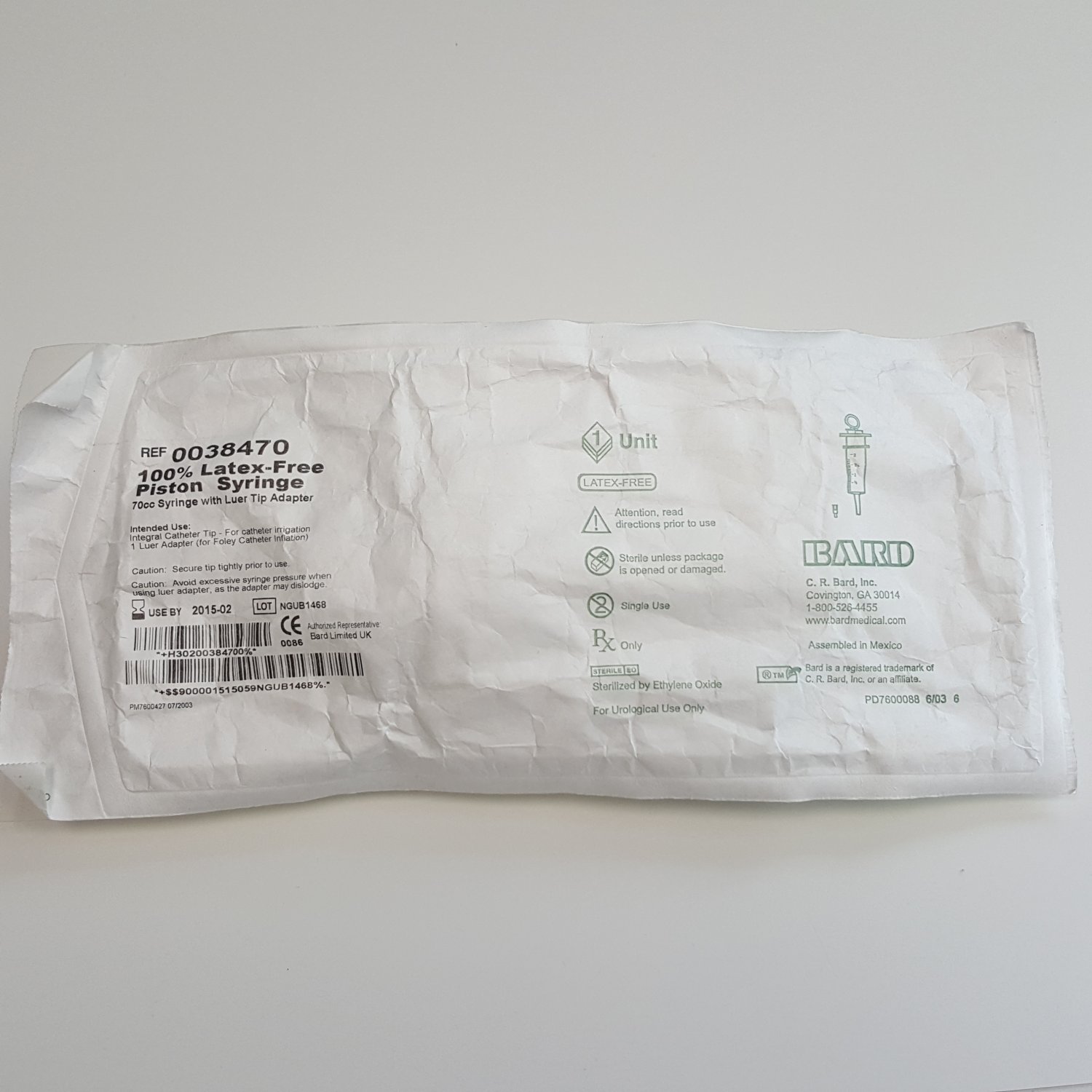 Bard 0038470 Piston Syringe, 70cc with Luer Tip Adapter