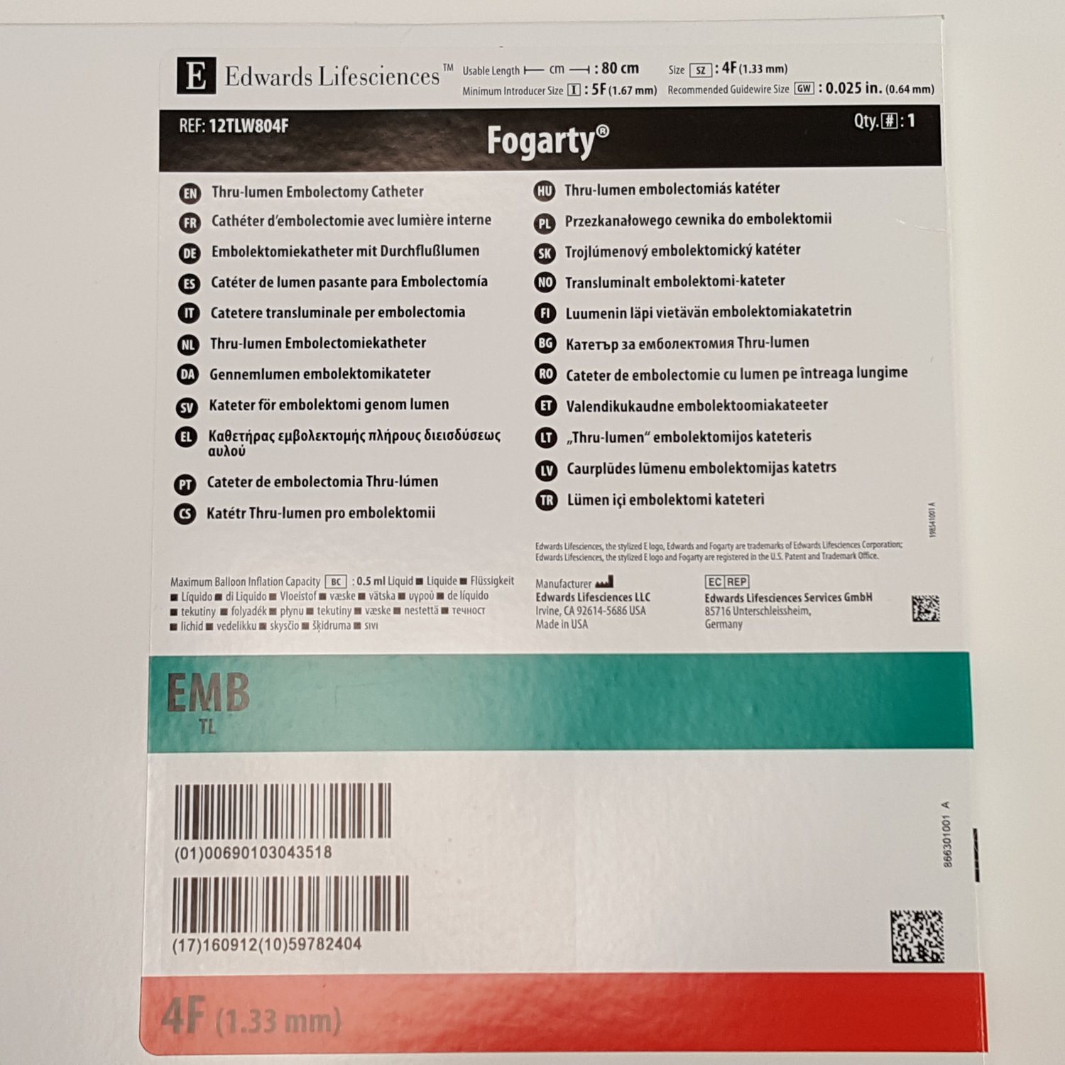 Edwards Lifesciences Fogarty Thru-lumen Embolectomy Catheter 12TLW804F