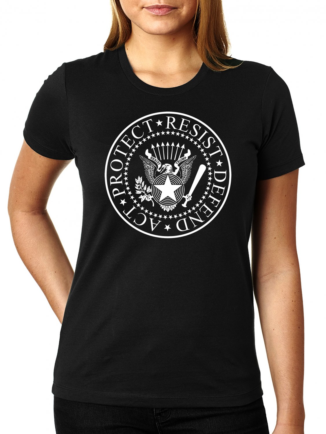 Act - Protect - Resist - Defend RESIST TRUMP Ramones Logo - Women's T Shirt SIZE L