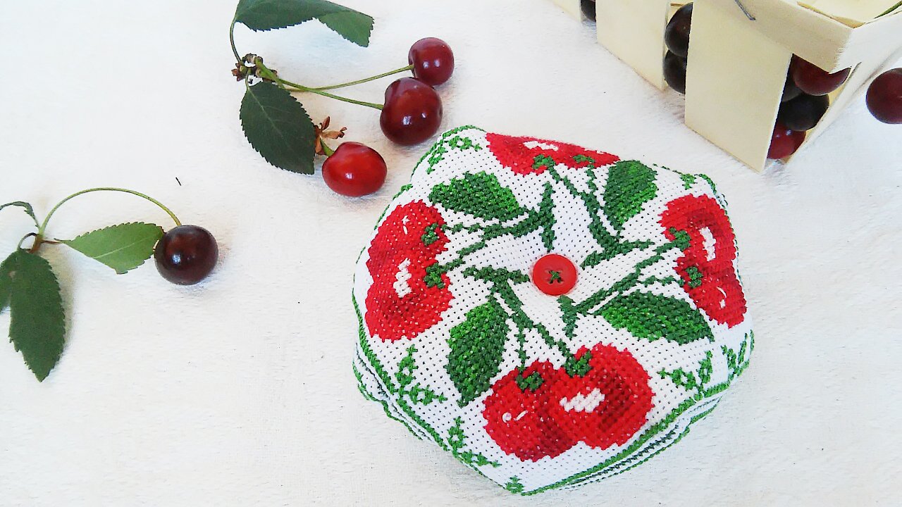 Biscornu, Cherry, Pincushion, Handmade gift, Home decor, Embroidery, Cute pincushion, Needle craft
