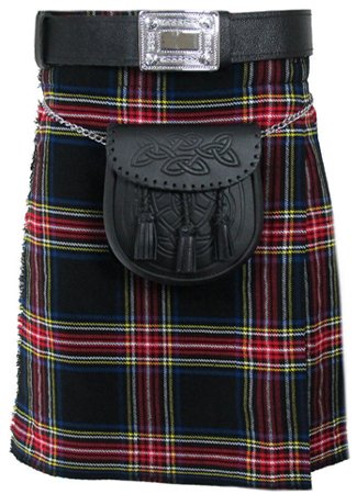 30 Size Tartan Kilt, Mens Black Stewart 5 Yard Acrylic Scottish Tartan Kilt