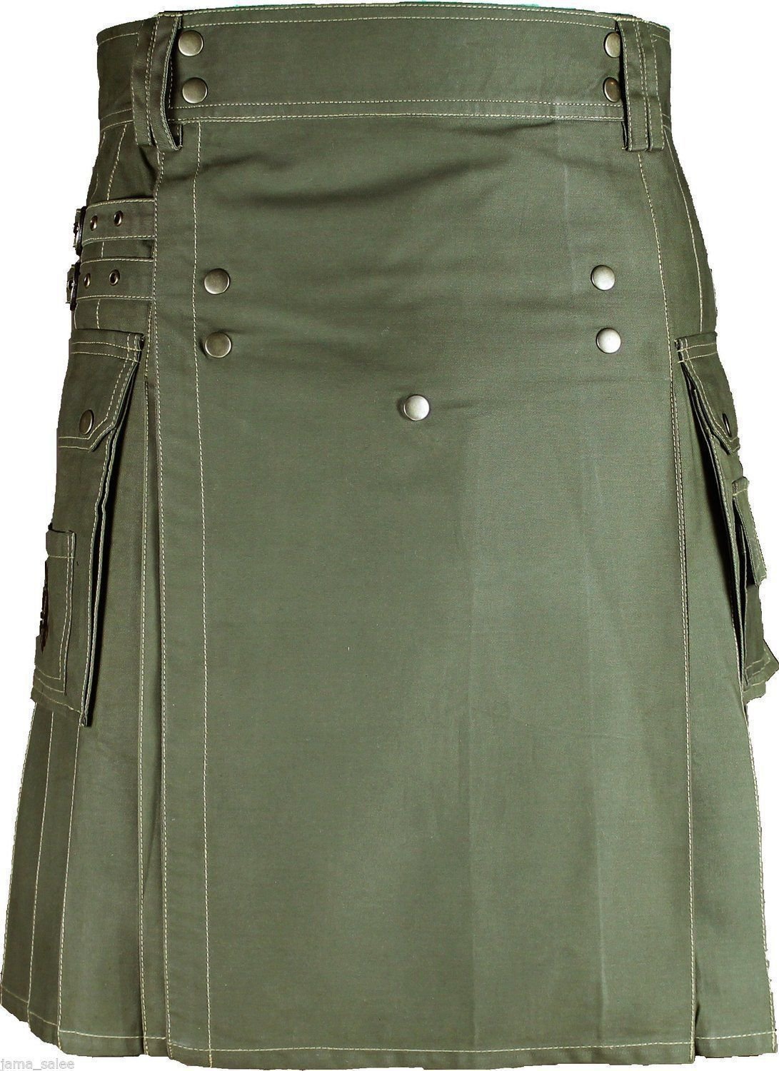 New 54 Size Modern Olive Green Kilt Traditional Scottish Utility Cotton Kilt