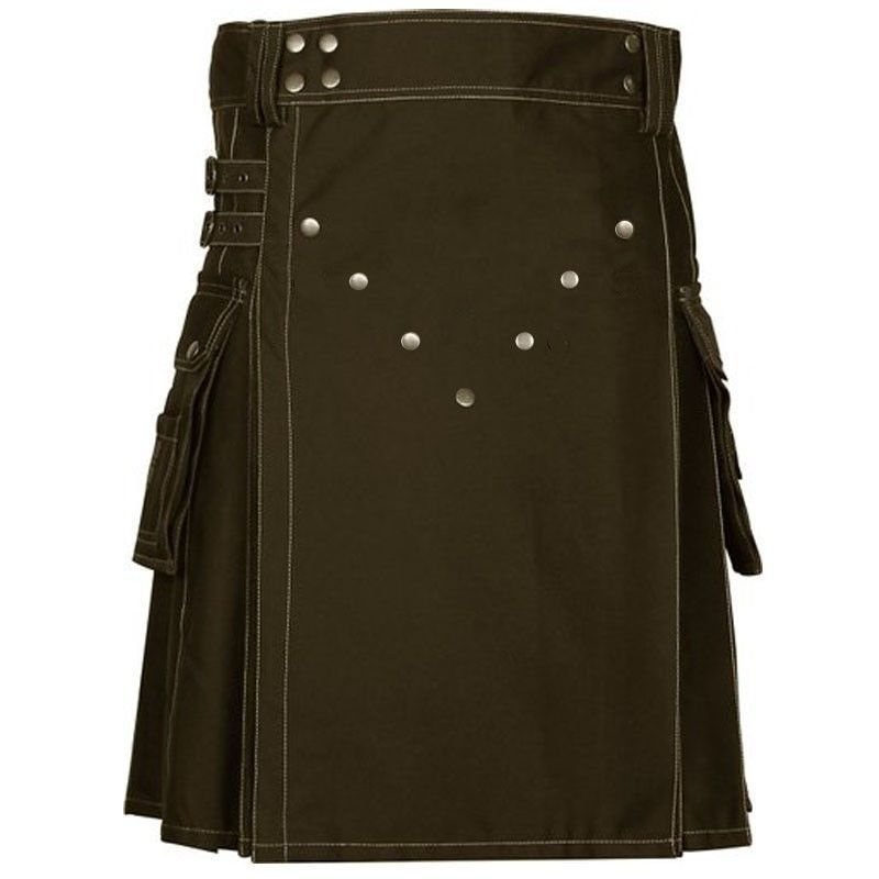 50" Size Scottish Choco Brown Utility Kilt, Modern Unisex Cotton Kilt Highland Cargo Pockets Kilt
