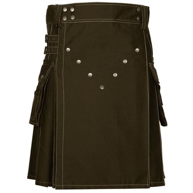 58" Size Scottish Choco Brown Utility Kilt, Modern Unisex Cotton Kilt Highland Cargo Pockets Kilt