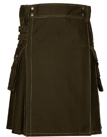 56 Size Scottish Choco Brown Utility Kilt, Modern Unisex Cotton Kilt Highland Cargo Pockets Kilt