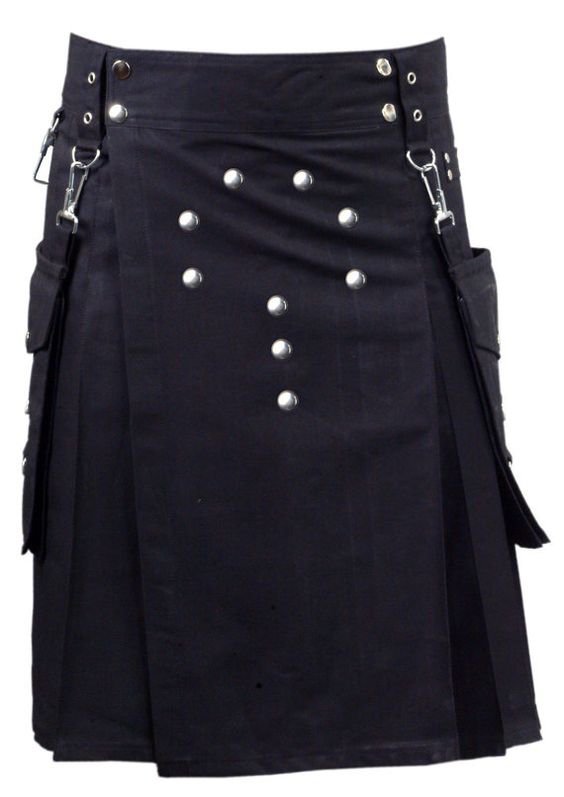54 Waist Scottish/Gothic Active Men Cargo Pocket Front Buttons Cotton Utility Kilt For Men