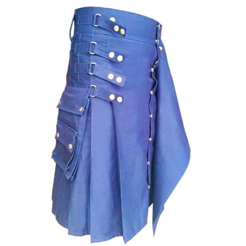 40" Size Gothic Style Fashion Blue Cotton Kilt for Active Men Gothic Wears