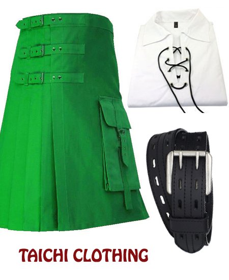 44 Size Gothic Green Brutal Grace Kilt for Active Men With White Jacobite Shirt & Belt