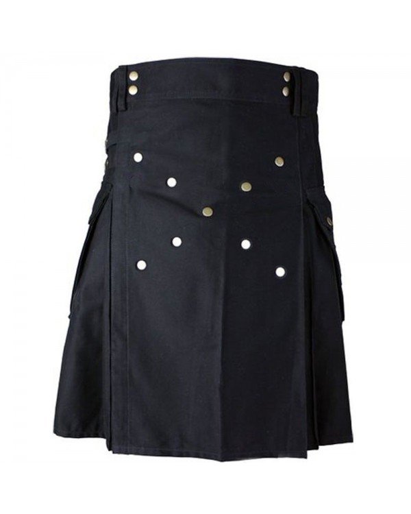 52 Size Black Cotton Kilt With Large Cargo Pockets Scottish Highlander Utility Kilt