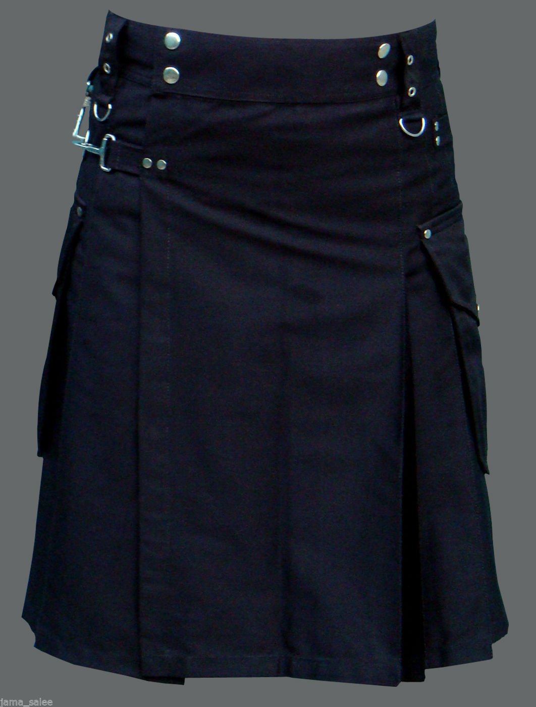 Men 52 Waist Handmade Black Deluxe Utility Kilt 100% Cotton With Cargo Pockets