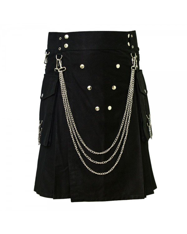 Men's 46 Size Handmade Black Utility Kilt With Silver Chrome Chains
