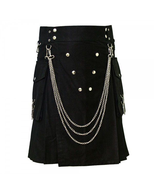 Men's 58 Size Handmade Black Utility Kilt With Silver Chrome Chains