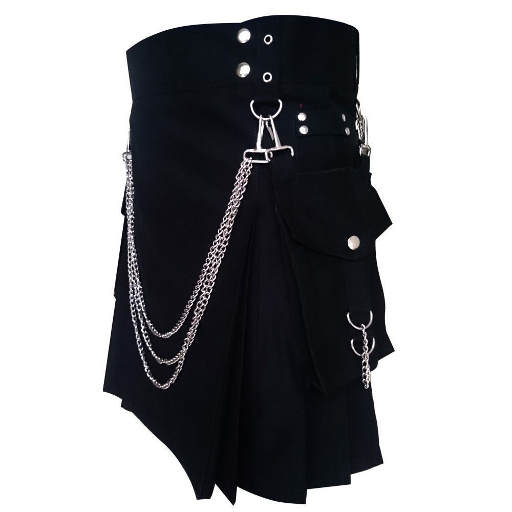 Men's 30 Size Handmade Gothic Style Black Utility Kilt With Silver Chrome Chains