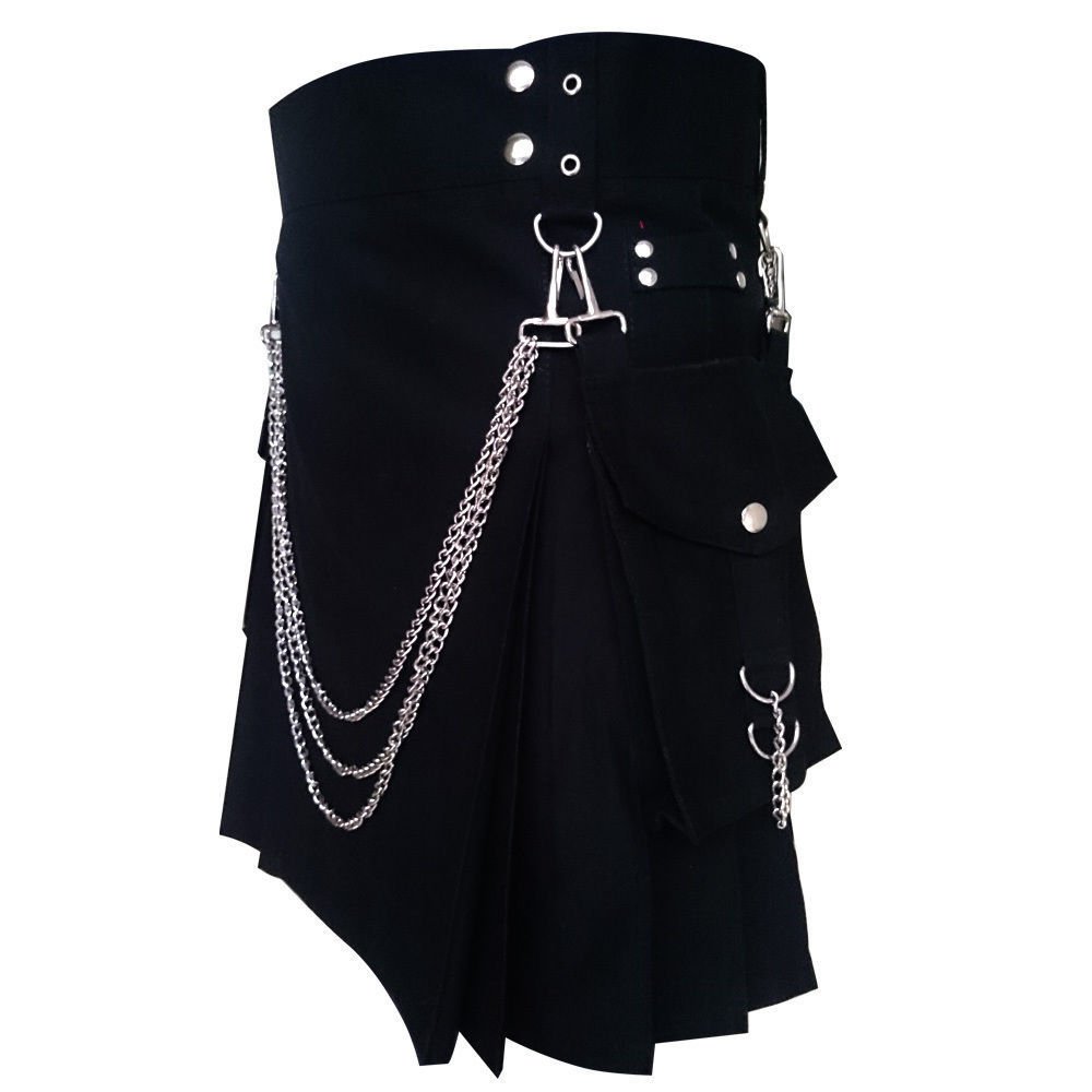 Men's 36 Size Handmade Gothic Style Black Utility Kilt With Silver Chrome Chains