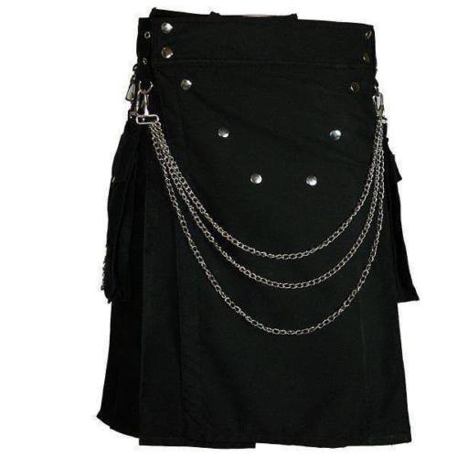 58 Size Men's Handmade Gothic Style Black Utility Cotton Kilt With Silver Chrome Chains