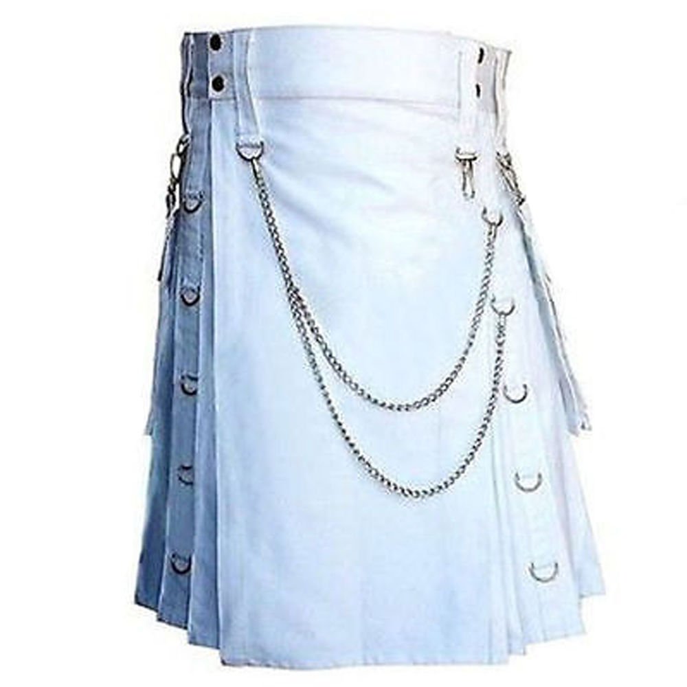 Men's 60 Waist Handmade Gothic Style White Utility Cotton Kilt With Silver Chrome Chains